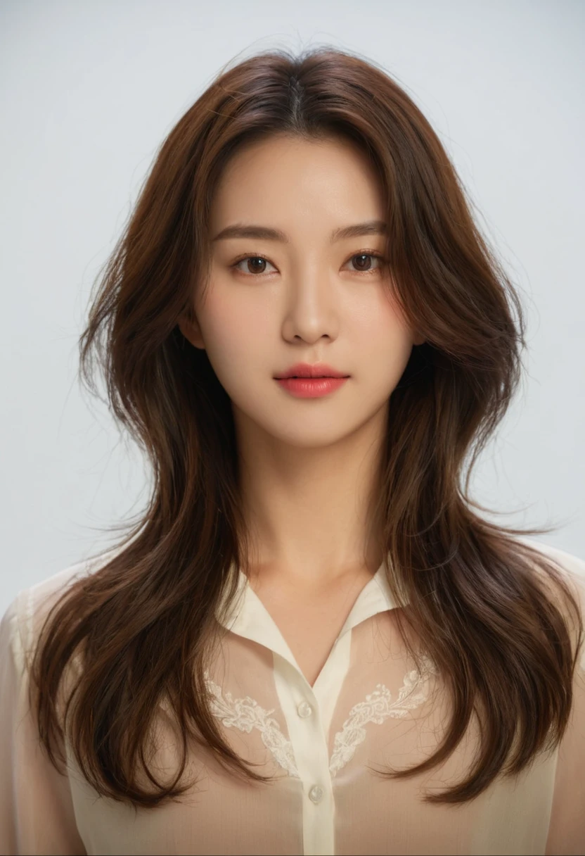 Best Quality, 8k, Masterpiece, (Portrait: 1.3), (photo realistic:1.4), (hyper realistic:1.4), Sharp Focus, looking at viewer, (smoother lighting:1.1), (increase cinematic lighting quality:0.9), realistic lighting, backlighting, light on face, ray trace, (brightening light:1.2), (Increase quality:1.4), sharp detail, (best quality real texture skin:1.4), finely detailed eyes, black_eyes, finely detailed face, 25 year old Korean woman, (white formal_shirt:1.4), (Create an image maintaining the orig...