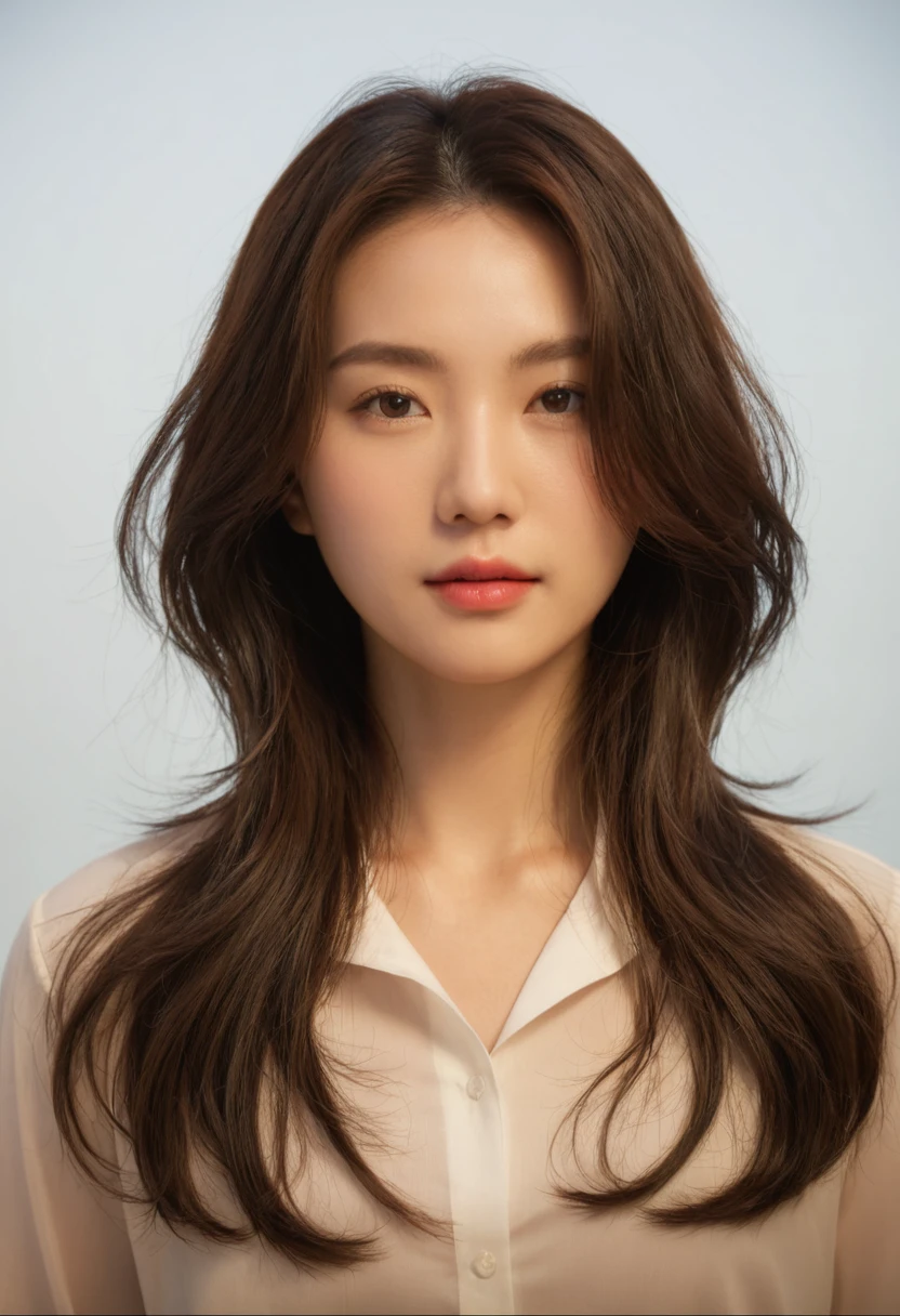 Best Quality, 8k, Masterpiece, (Portrait: 1.3), (photo realistic:1.4), (hyper realistic:1.4), Sharp Focus, looking at viewer, (smoother lighting:1.1), (increase cinematic lighting quality:0.9), realistic lighting, backlighting, light on face, ray trace, (brightening light:1.2), (Increase quality:1.4), sharp detail, (best quality real texture skin:1.4), finely detailed eyes, black_eyes, finely detailed face, 25 year old Korean woman, (white formal_shirt:1.4), (Create an image maintaining the orig...