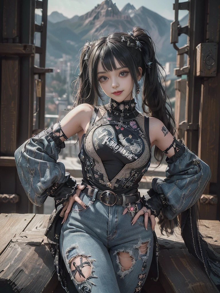 (Full Body View:1.2)、(Full body:1.3)、(Smiling with teeth showing:1.3),(Shibuya Gal:1.5)、(Beautiful:1.3)、(Gothic Lolita style fashion:1.5)、(Punk RockVisual Kei:1.5)、(Wearing a rhythmic gymnastics bodysuit with intricate details:1.4)、(Racing suit and pants with intricate decoration in beige, denim and charcoal:1.5)、(Denim and black and brown boots:1.3)、((belt))、(Numerous delicate logo marks all over the costume:1.4)、(collar:1.3)、(Polka dot underwear:1.5)、20-year-old、NSFW、((Highest quality、In 8K、masterpiece:1.3))、Sharp focus:1.2、(Layered Cut、Huge boobs:1.1),Beautiful woman with perfect figure:1.4、(do a gravure pose:1.3)、Slender Abs:1.2、Highly detailed face and skin texture、Detailed eyes、double eyelid,(Twin tails:1.3)、(Black brown hair:1.3)、Gravure idol、(The background is a vast mountain々Beautiful European tourist destinations:1.3)、(Slim Body:1.3),(Make your legs thinner:1.4),(clavicle:1.1)