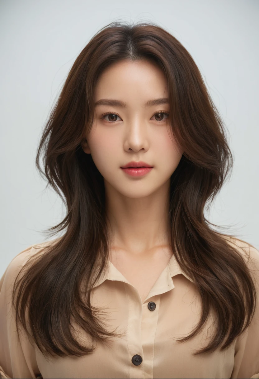 Best Quality, 8k, Masterpiece, (Portrait: 1.3), (photo realistic:1.4), (hyper realistic:1.4), Sharp Focus, looking at viewer, (smoother lighting:1.1), (increase cinematic lighting quality:0.9), realistic lighting, backlighting, light on face, ray trace, (brightening light:1.2), (Increase quality:1.4), sharp detail, (best quality real texture skin:1.4), finely detailed eyes, black_eyes, finely detailed face, 25 year old Korean woman, (beige off-shoulder_shirt:1.4), (Create an image maintaining the original base model hairstyle:1.5)