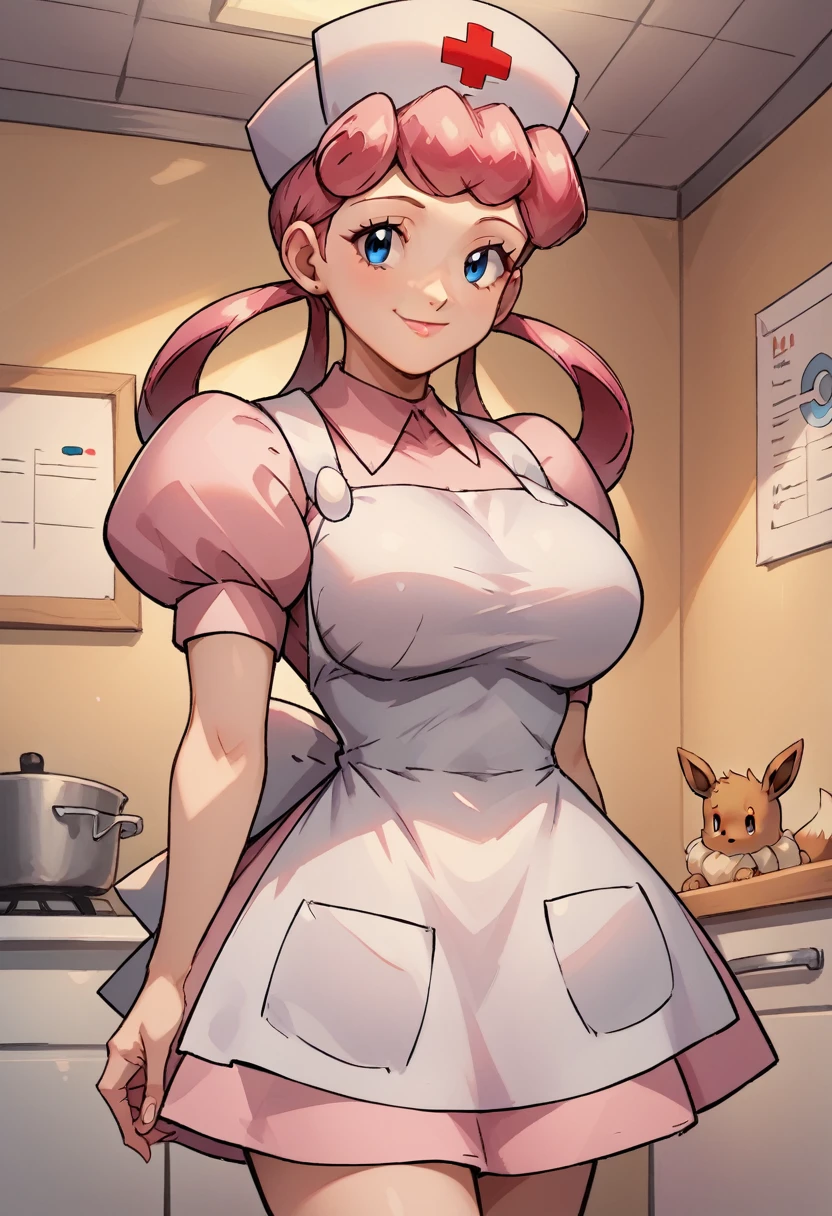 score_9, score_8_up,score_7_up, source_anime, 1girl, solo, eppknursejoy, pink hair,  blue eyes, long hair, large breasts, hair rings, bumper bangs, looking at viewer, hat, dress, closed mouth, short sleeves, puffy sleeves, apron, puffy short sleeves, nurse cap, nurse, indoors, smile, infirmary, pokemon, pokemon \(creature\), eevee,