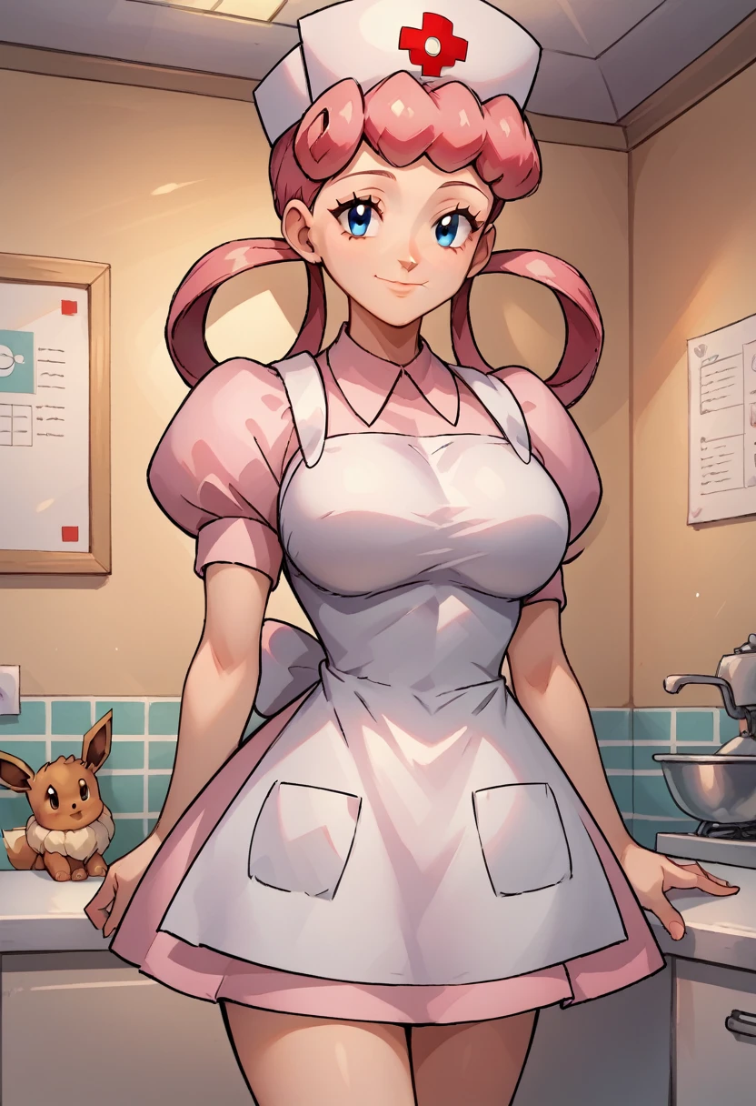 score_9, score_8_up,score_7_up, source_anime, 1girl, solo, eppknursejoy, pink hair,  blue eyes, long hair, large breasts, hair rings, bumper bangs, looking at viewer, hat, dress, closed mouth, short sleeves, puffy sleeves, apron, puffy short sleeves, nurse cap, nurse, indoors, smile, infirmary, pokemon, pokemon \(creature\), eevee,