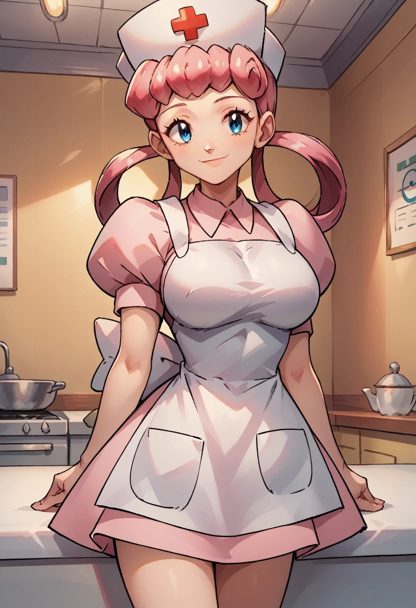 score_9, score_8_up,score_7_up, source_anime, 1girl, solo, eppknursejoy, pink hair,  blue eyes, long hair, large breasts, hair rings, bumper bangs, looking at viewer, hat, dress, closed mouth, short sleeves, puffy sleeves, apron, puffy short sleeves, nurse cap, nurse, indoors, smile, infirmary, pokemon, pokemon \(creature\), eevee,