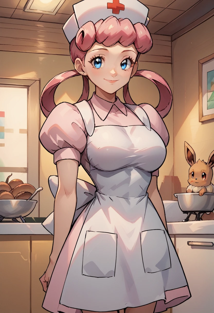 score_9, score_8_up,score_7_up, source_anime, 1girl, solo, eppknursejoy, pink hair,  blue eyes, long hair, large breasts, hair rings, bumper bangs, looking at viewer, hat, dress, closed mouth, short sleeves, puffy sleeves, apron, puffy short sleeves, nurse cap, nurse, indoors, smile, infirmary, pokemon, pokemon \(creature\), eevee,