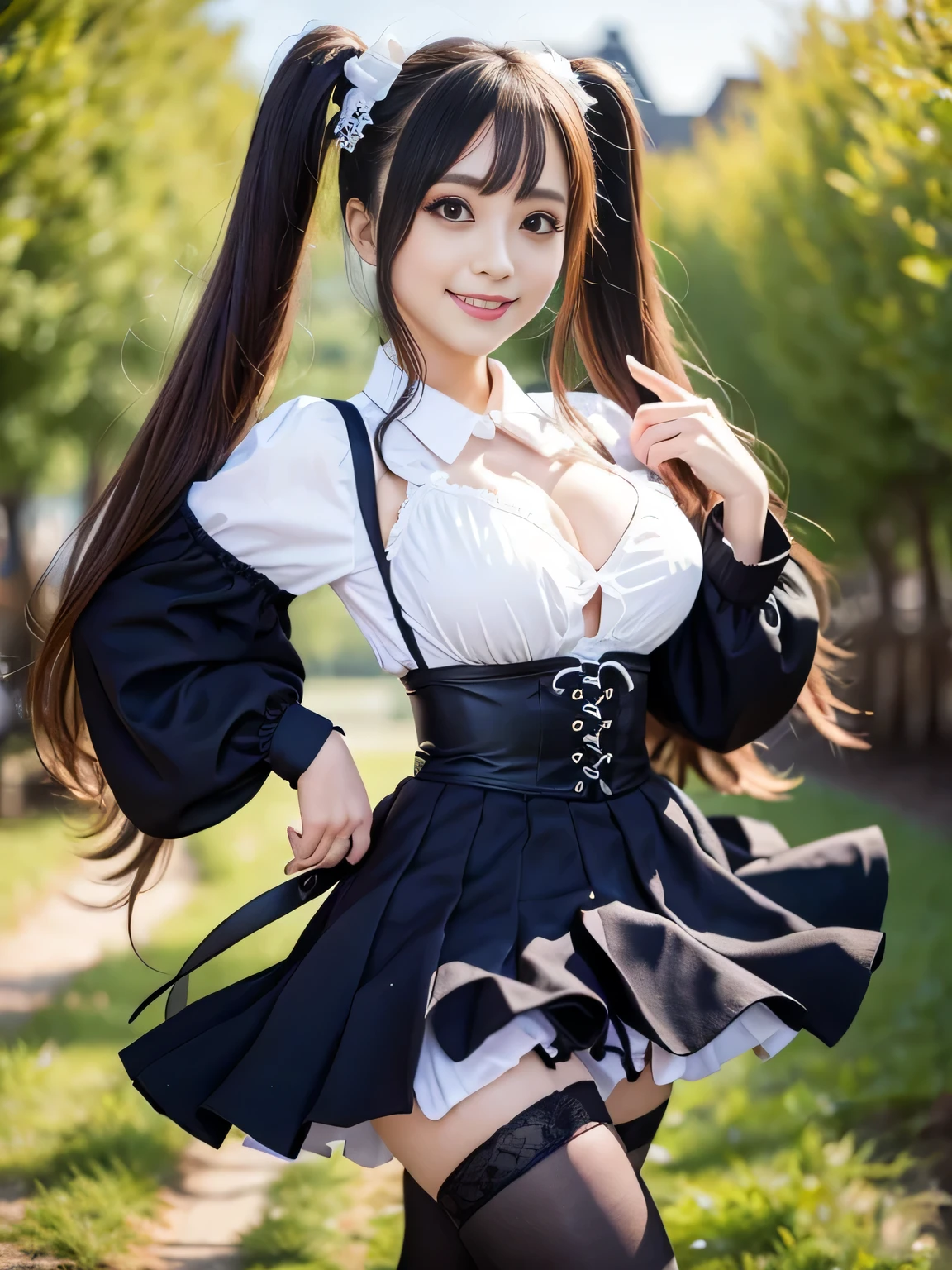 Twin tails、(Full body portrait:1.5)、19 years old、Slim and flat chested、smile、Smiling with teeth showing、Large Breasts、Highest quality,masterpiece,Ultra-high resolution,(Actual:1.4),Original photo,Ultra-high resolution，8k，There are also women，Gothic Lolita Uniform、Maid Costume Cosplay、Beautiful scenery、With confidence, Beautiful and generous，Please lift up your skirt and show me your pants.、
