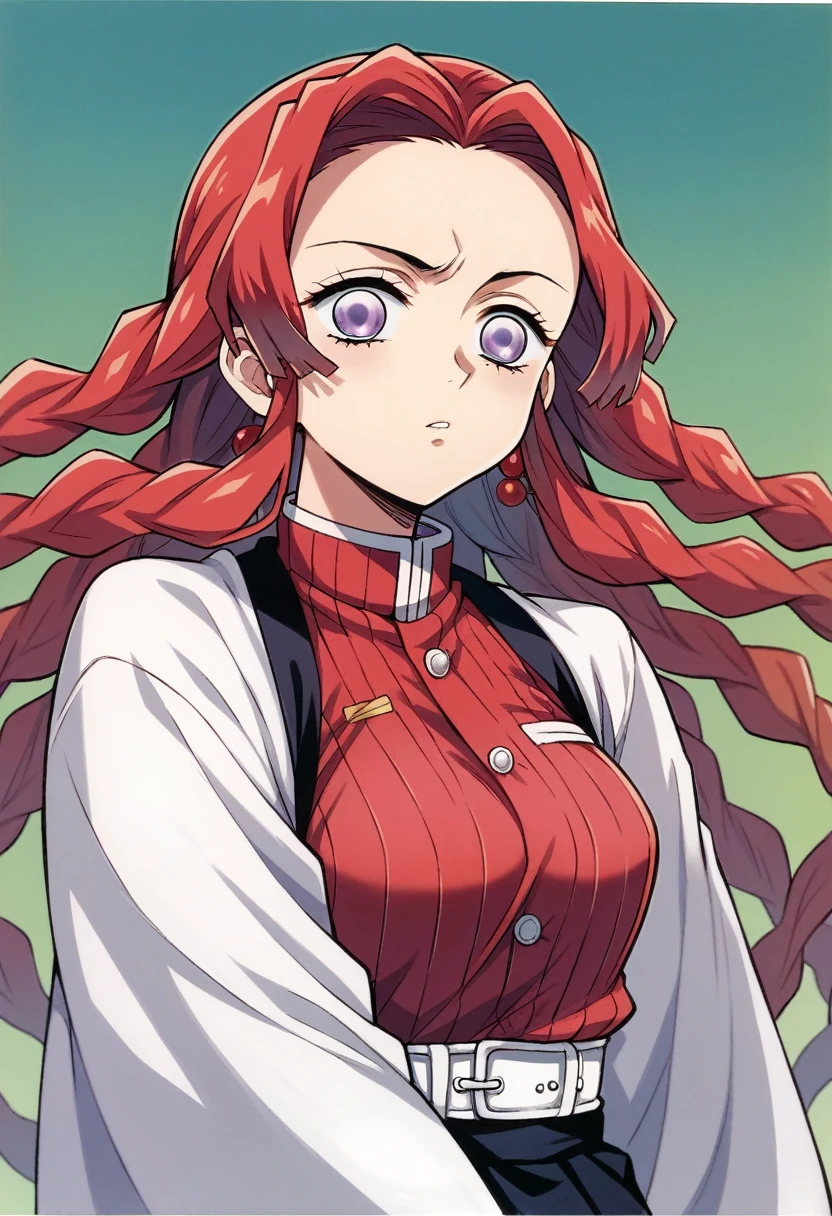 anime girl with red hair and purple eyes with a red sweater, yayoi kasuma, demon slayer rui fanart, kimetsu no yaiba, demon slayer artstyle, coloured manga scan, [[[[grinning evily]]]], full colored, colored manga, digitally colored, fully colored, hana yata, ((red)) baggy eyes