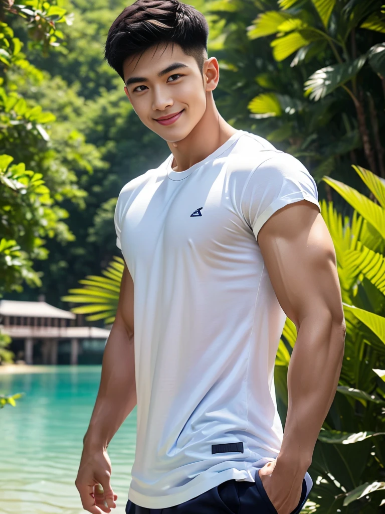 man , Raise your arms behind your back. , white t-shirt, black short hair , outdoor , cute smile , หน้าhandsomeแบบเกาหลีสมจริง , modest muscles , Masterpiece、High resolution、Surreal、detailed face、alone、man、Glowing skin、(Asia)、handsome、Detailed background