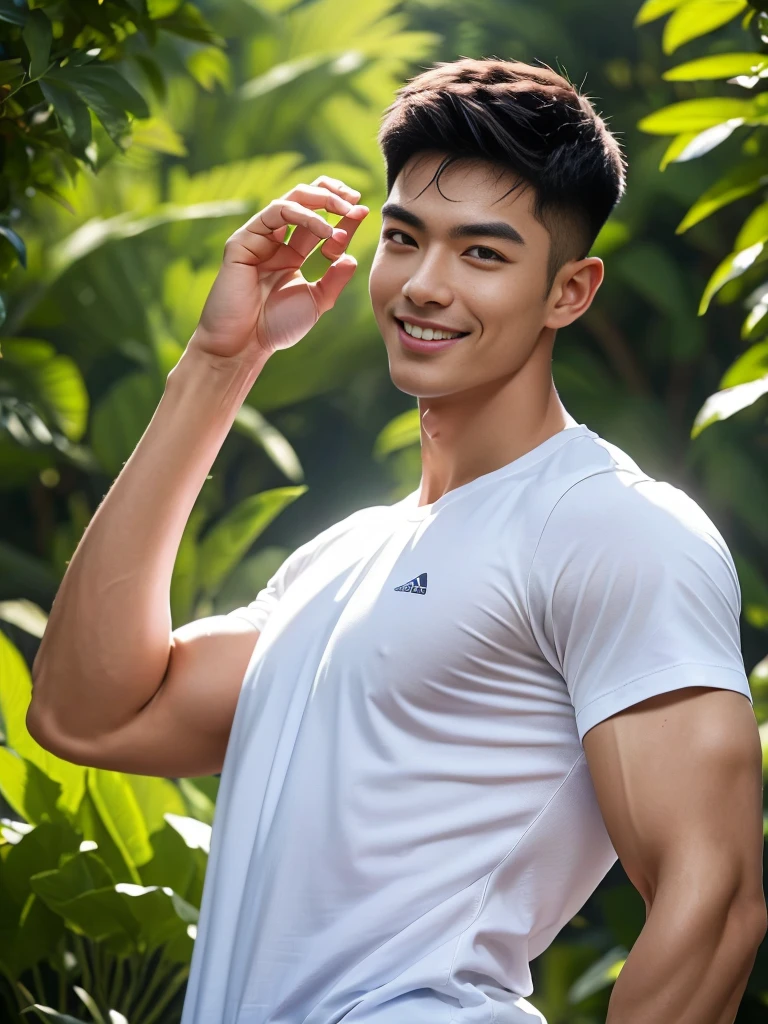 man , Raise your arms behind your back. , white t-shirt, black short hair , outdoor , cute smile , หน้าhandsomeแบบเกาหลีสมจริง , modest muscles , Masterpiece、High resolution、Surreal、detailed face、alone、man、Glowing skin、(Asia)、handsome、Detailed background