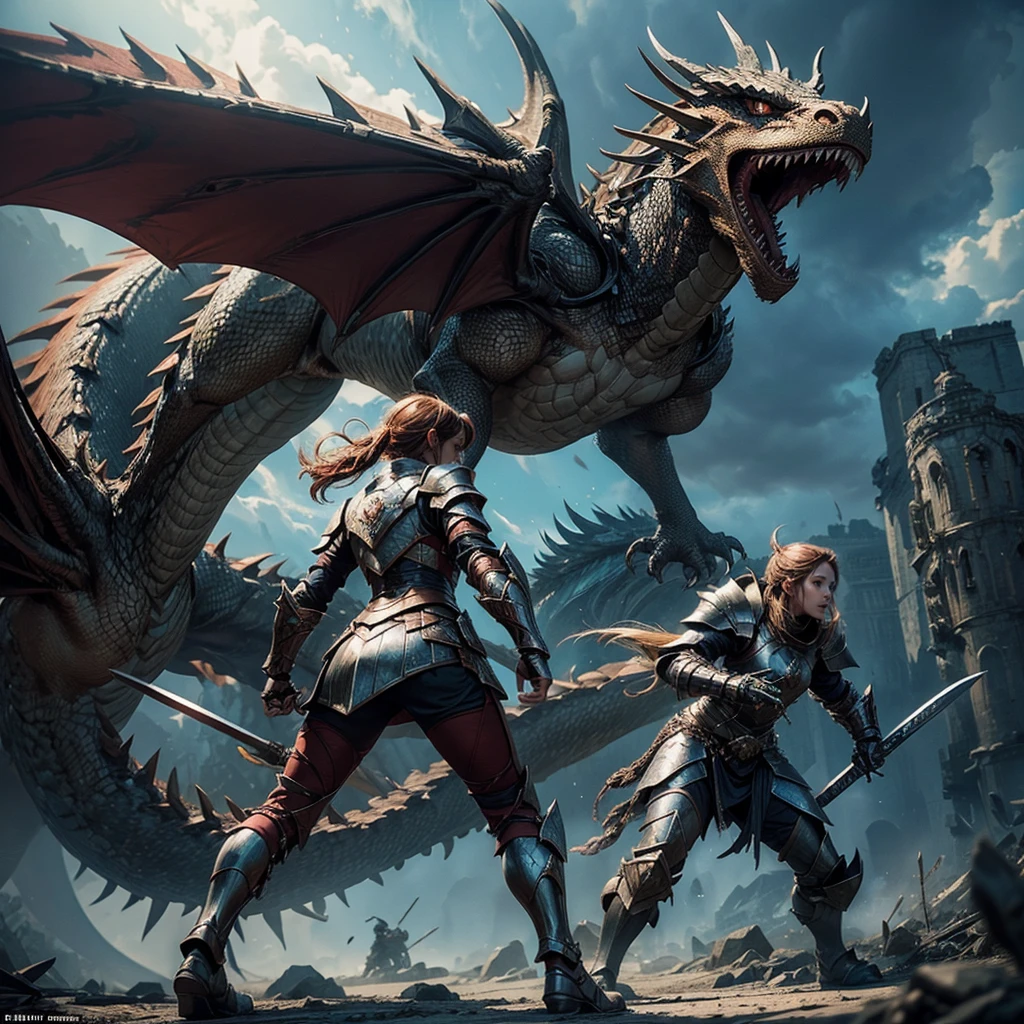Seen from a distance, a beautiful girl with full armor and sword and shield, facing and fighting a monstrous dragon, fire breath, epic details,