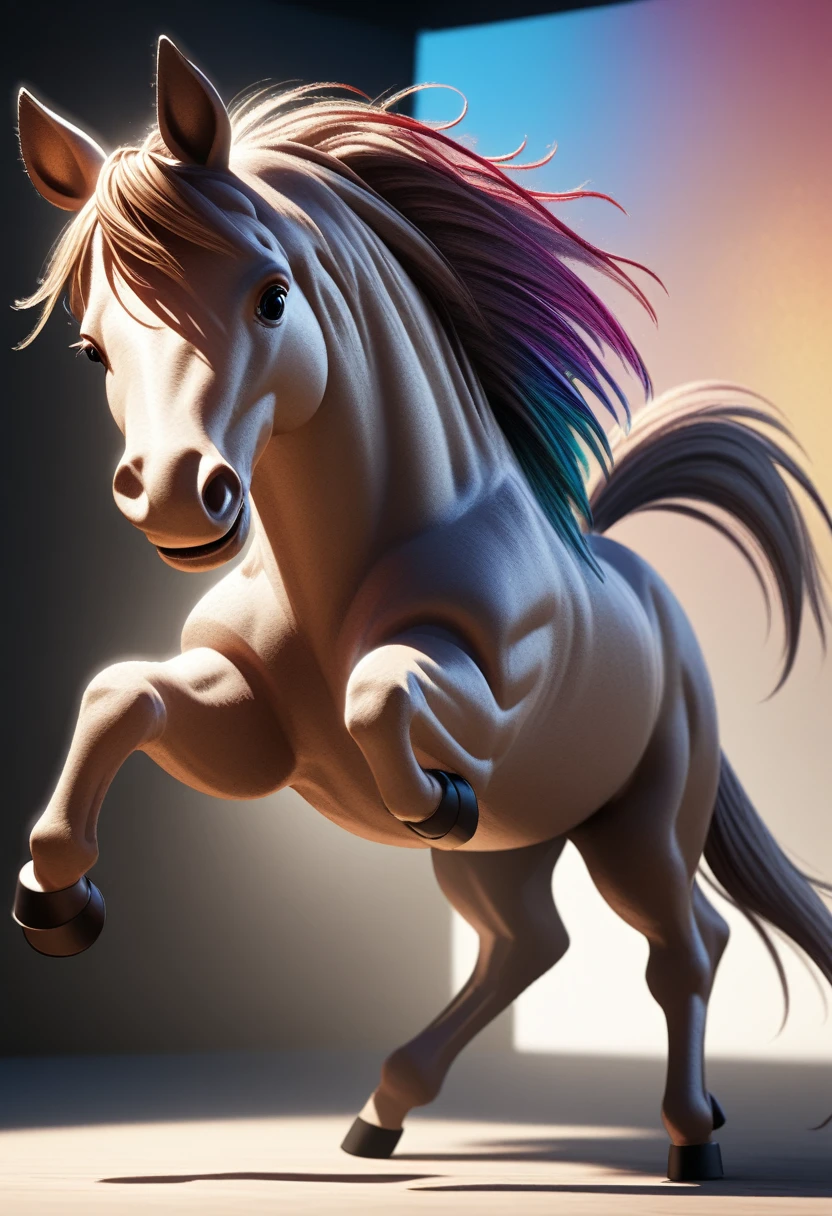 a cute, (adorable 2-legged anthropomorphic horse character), striking angry and irritated expression, detailed facial features, highly detailed, 8k, photorealistic, studio lighting, vibrant colors, dynamic pose, intricate details, hyperrealistic, cinematic lighting, dramatic shadows and highlights, digital art, concept art