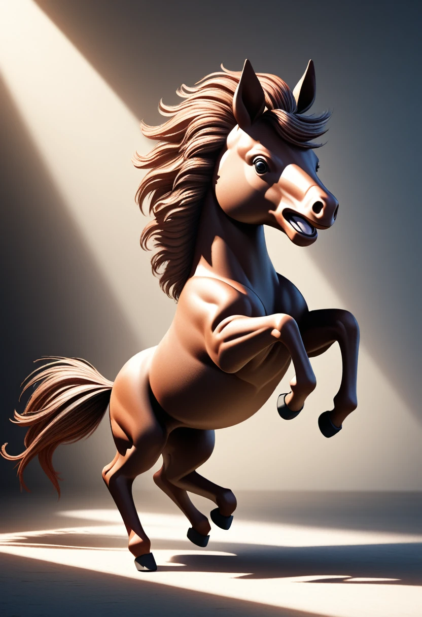 a cute, (adorable 2-legged anthropomorphic horse character), striking angry and irritated expression, detailed facial features, highly detailed, 8k, photorealistic, studio lighting, vibrant colors, dynamic pose, intricate details, hyperrealistic, cinematic lighting, dramatic shadows and highlights, digital art, concept art