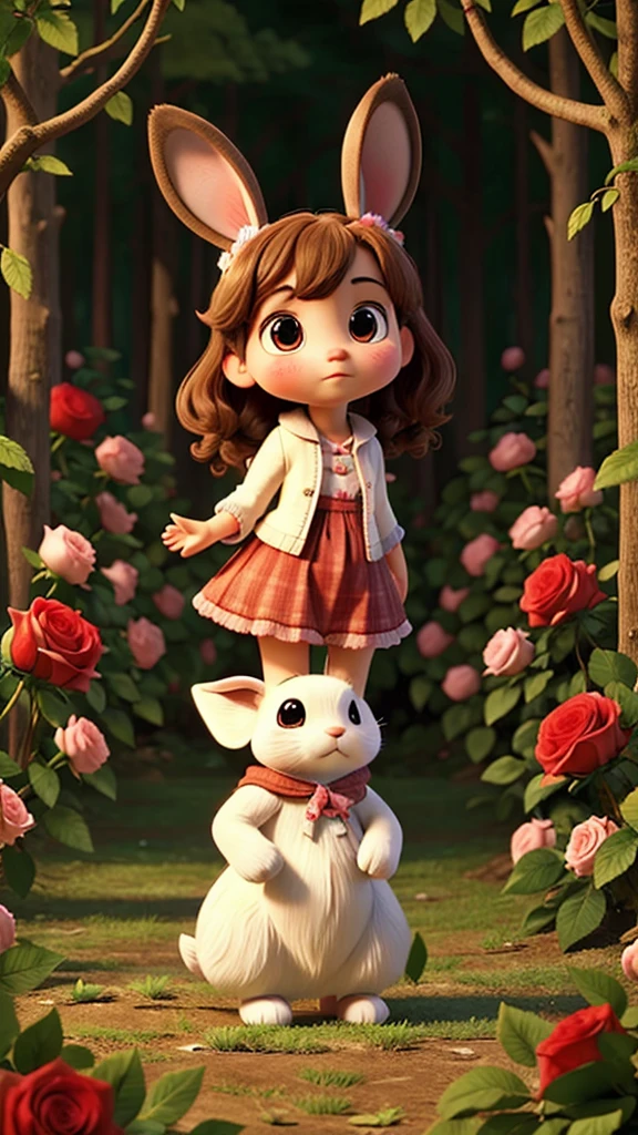 Raise a very sad bunny in a forest of roses