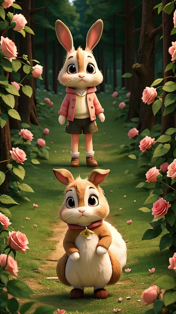 Raise a very sad bunny in a forest of roses