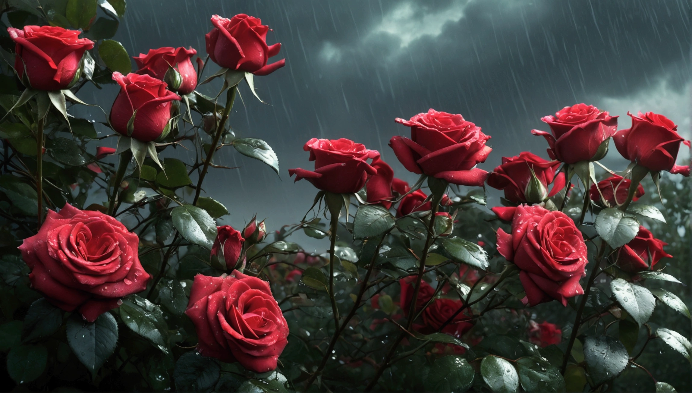 (best quality,4k,8k,highres,masterpiece:1.2),ultra-detailed,(realistic,photorealistic,photo-realistic:1.37),roses garden,black color, rain-washed,illustration,petals gently dripping water,fragrant blooming flowers,dark romantic atmosphere,moody lighting,vivid red and green colors,soft focus,delicate details,water droplets on leaves,fresh and wet appearance,dreamlike surrealistic environment,ethereal ambiance,beautiful detailed flowers,collapsed dark clouds,abundance of roses,peaceful and serene setting,heightened contrast,mesmerizing and mysterious beauty,unique and enchanting scene,captivating visual experience,hauntingly captivating art,atmospheric composition,breathtakingly realistic artwork,meticulously crafted masterpiece,immersive and evocative illustration,fantasy-like elements blended seamlessly,ethereal and magical garden ambiance