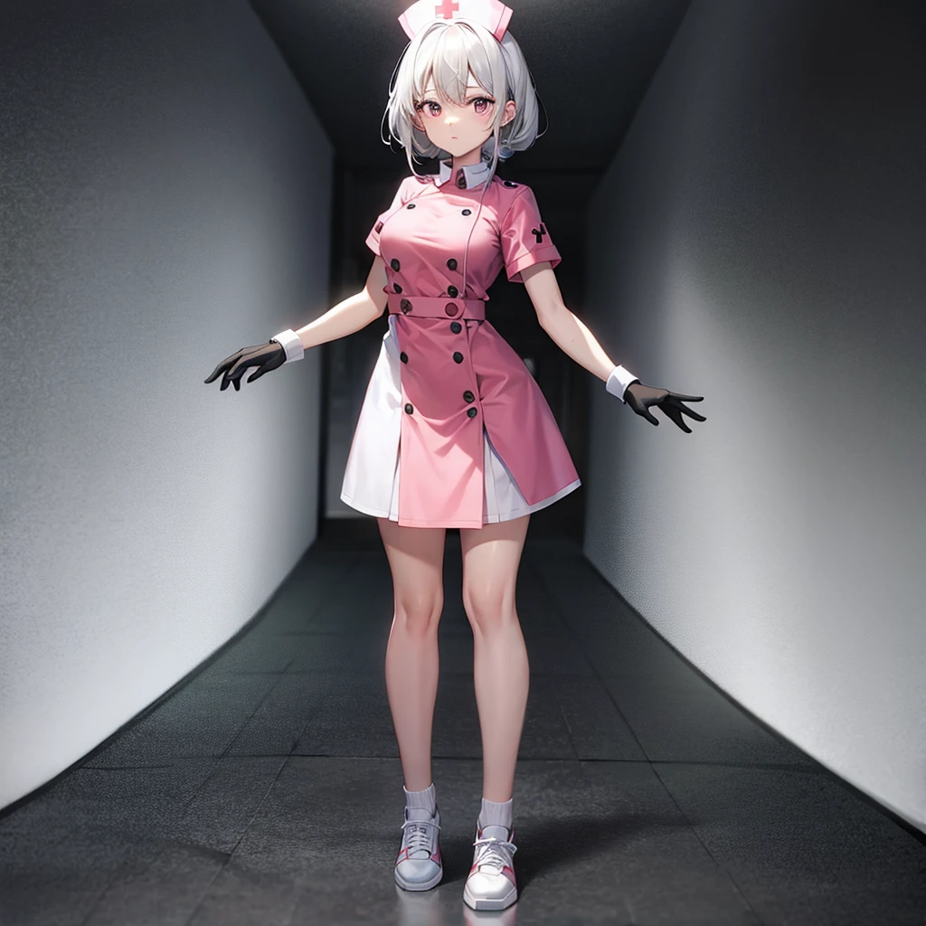 ((nurse)),((White shoes)),Top quality,(Dark Room), Subtle light, Natural light,Soft lighting,Light from directly behind,(Are standing),Front view,Black background