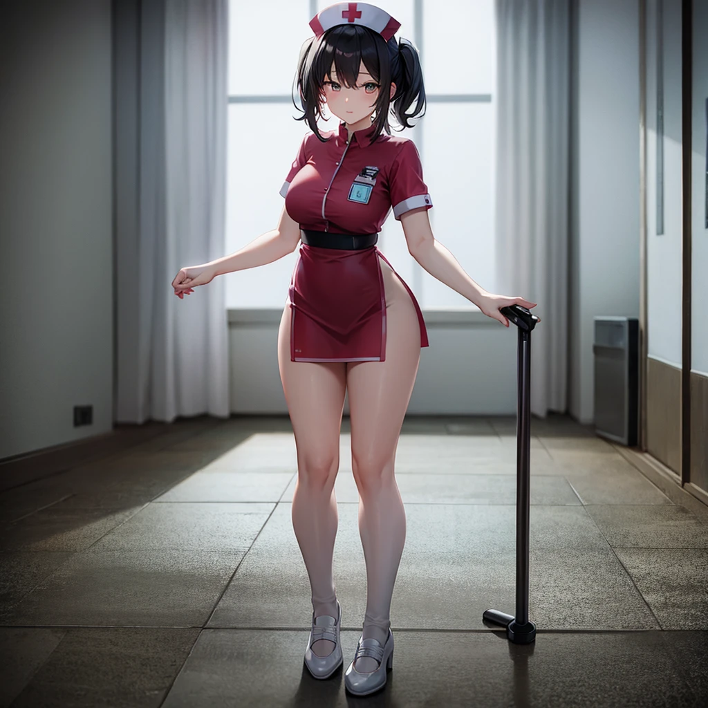 ((nurse)),((White shoes)),Top quality,(Dark Room), Subtle light, Natural light,Soft lighting,Light from directly behind,(Are standing),Front view,Black background