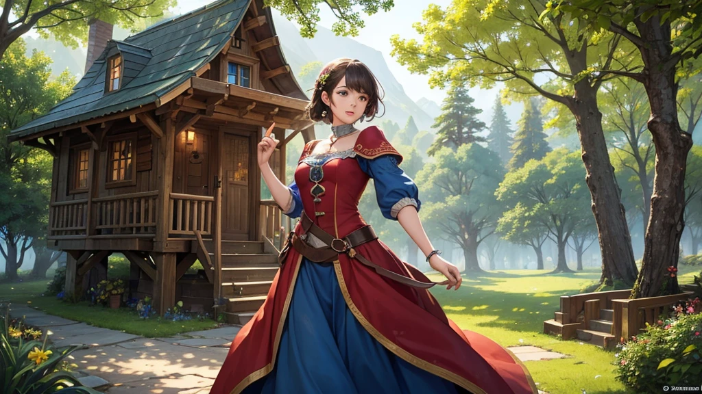 A beautiful woman is the main character, and all the men and women are enjoying music and dancing in a treehouse. Middle ages, minstrel, epic, inside a treehouse
