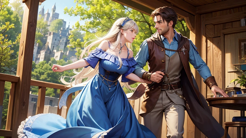 A beautiful woman is the main character, and all the men and women are enjoying music and dancing in a treehouse. Middle ages, minstrel, epic, inside a treehouse