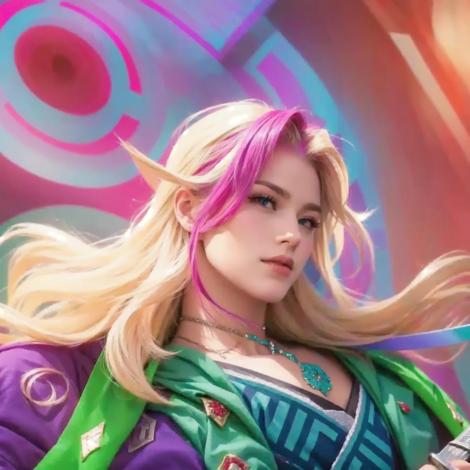 Handsome man, a man with blonde hair and a purple top holding a sword, realistic