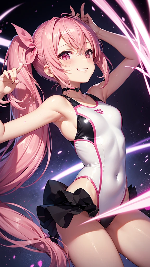Erotic、Shihodo Narika、Pink Hair、Twin tails、No sleeve、Shoulder、Super Subaru Flash Ninja Haruka、White One Piece Swimsuit　Pink line、Evil female executive、sexy、Wicked Smile、lure、Alluring、Pitch black background、Dark bedroom at night
