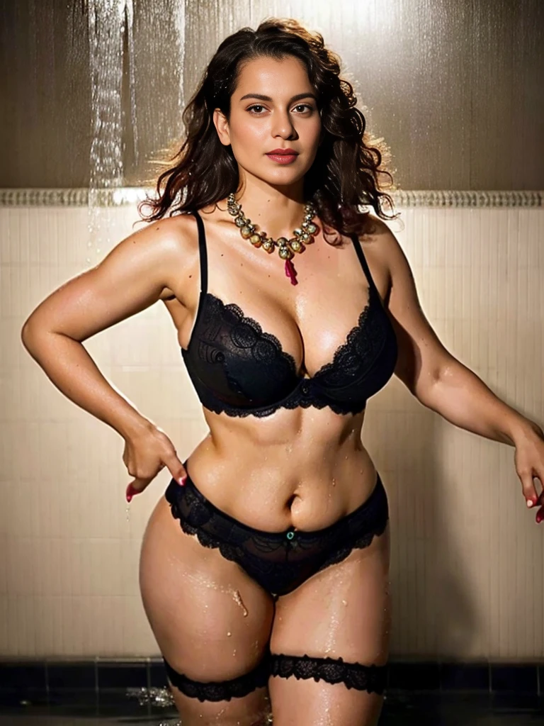 close up photo of  21 year old young slim kangana ranaut, curvy, hourglass figure, swooping breasts, deep cleavage, black eyes, wet and dreanched  posing in bathroom , ,day scene necklace,  laughing, open arms showing sexy armpit, Slim  Shape ,  red lips, long hair, (cinematic:1.3), intricate details, (ArtStation:1.2)