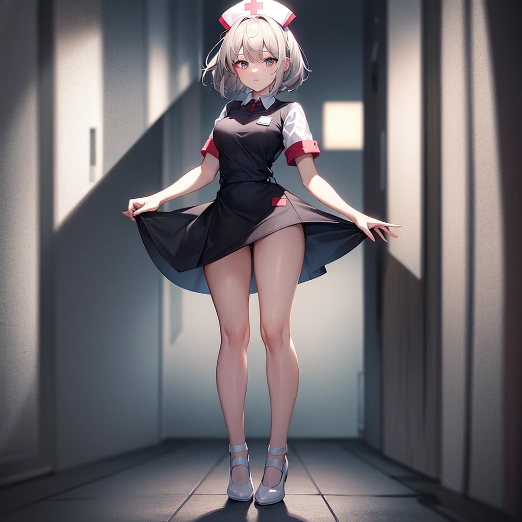 ((nurse)),((White shoes)),Top quality,(Dark Room), Subtle light, Natural light,Soft lighting,Light from directly behind,(Are standing),Front view,Black background