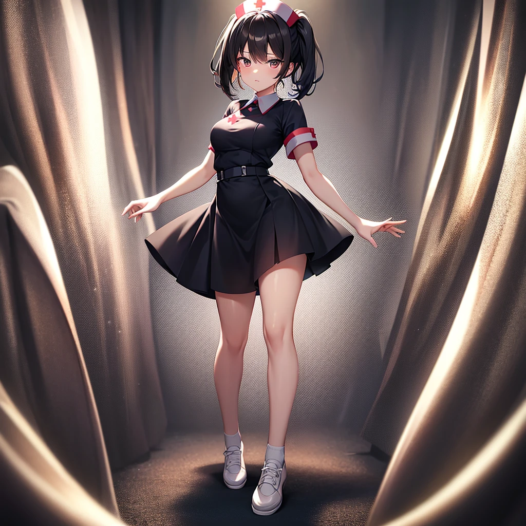 ((nurse)),((White shoes)),Top quality,(Dark Room), Subtle light, Natural light,Soft lighting,Light from directly behind,(Are standing),Front view,Black background