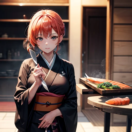 A woman in black kimono cutting salmon with a knife