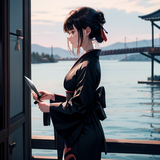 A woman in black kimono cutting salmon with a knife