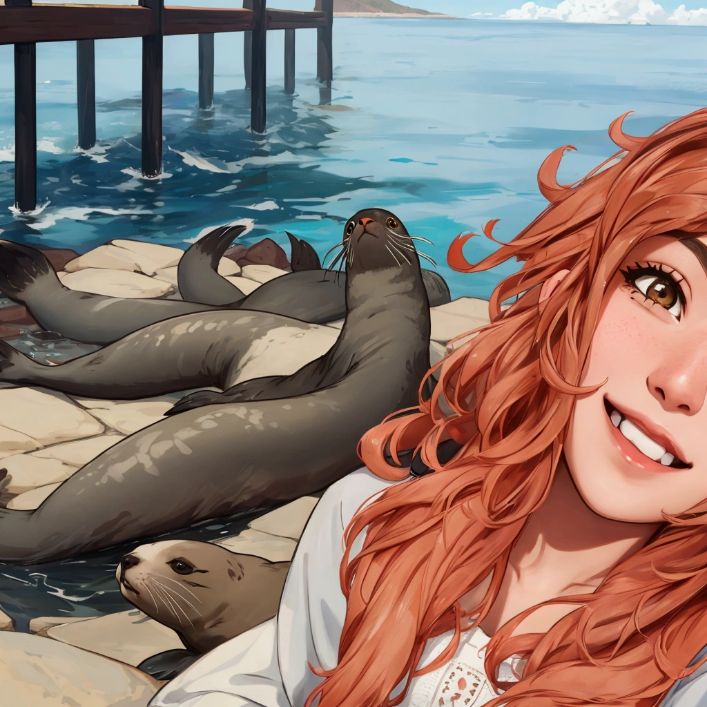 A girl takes a selfie with fur seals in the background, rizhaya girl smiles