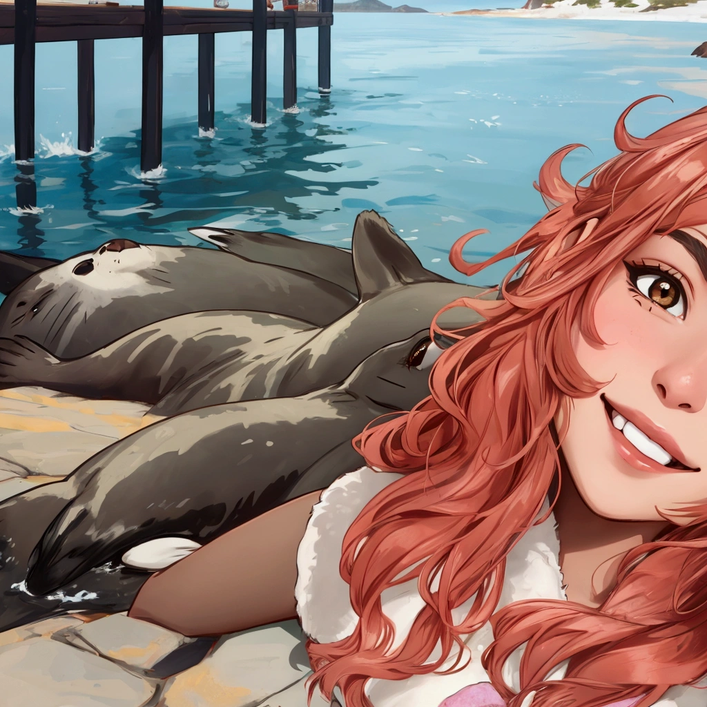 A girl takes a selfie with fur seals in the background, rizhaya girl smiles