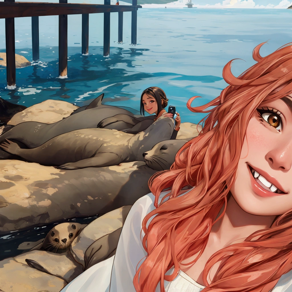 A girl takes a selfie with fur seals in the background, rizhaya girl smiles