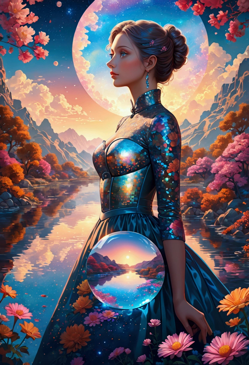 Artwork by Brandon Woelfel (Alex Gray:1.07), Future Utopia, nebula, Flowers, river, (Double Exposure:1.3) ,1 photo of sexy lady，Looking at the audience, Wearing a brocade underbust dress, Optical illusion, Fantasy Art, Made of iridescent crystal glass mosaic with sub-diffusing mirror，Bokeh sky,Dramatic month, Amazing depth, Complex and detailed fine-cracked surface, stunning atmosphere, Mesmerizing whimsical vibrant landscapes, High Detail, number, complex, 8K,