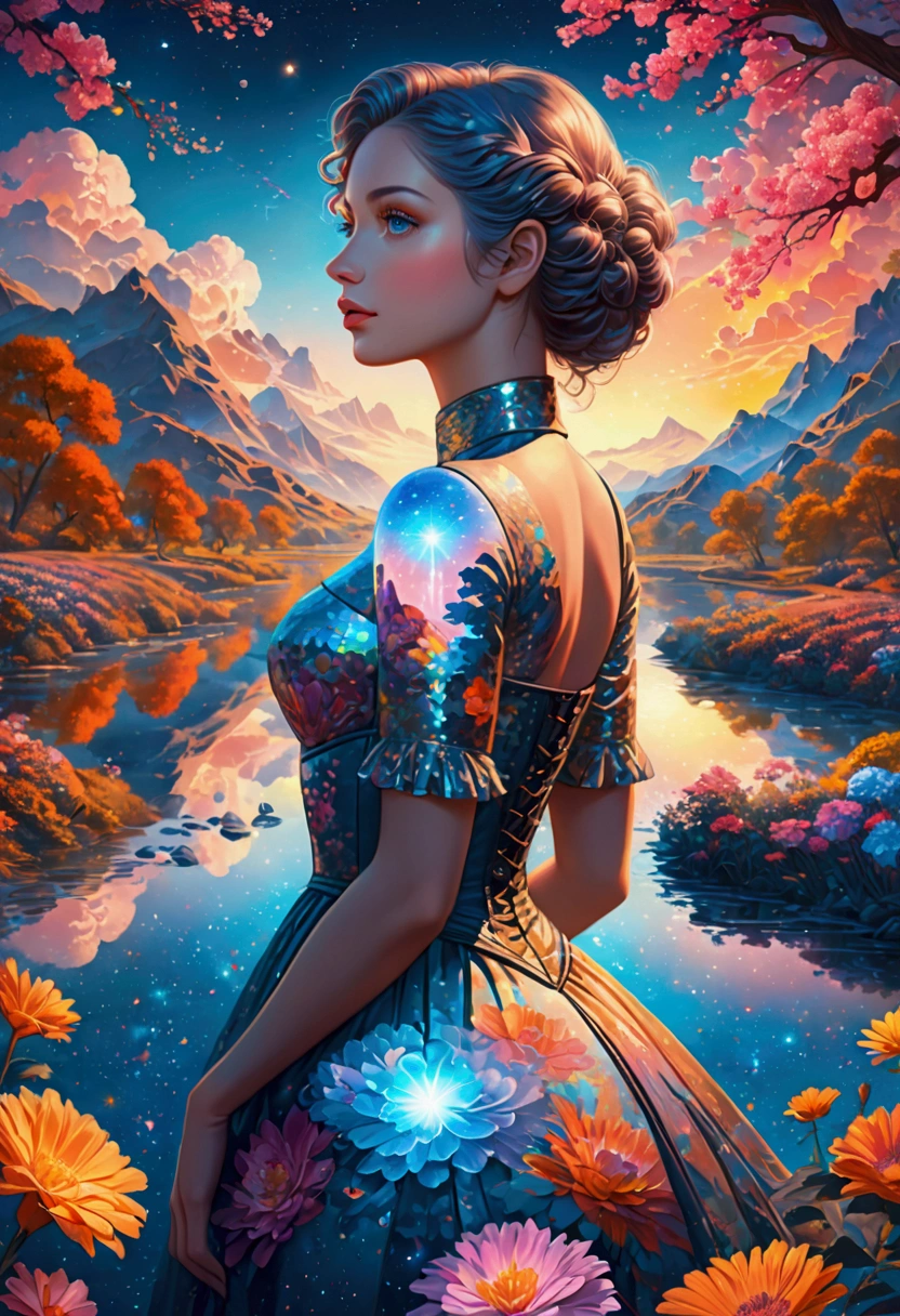 Artwork by Brandon Woelfel (Alex Gray:1.07), Future Utopia, nebula, Flowers, river, (Double Exposure:1.3) ,1 photo of sexy lady,Looking at the audience, Wearing a brocade underbust dress, Optical illusion, Fantasy Art, Made of iridescent crystal glass mosaic with sub-diffusing mirror,Bokeh sky,Dramatic month, Amazing depth, Complex and detailed fine-cracked surface, stunning atmosphere, Mesmerizing whimsical vibrant landscapes, High Detail, number, complex, 8K,
