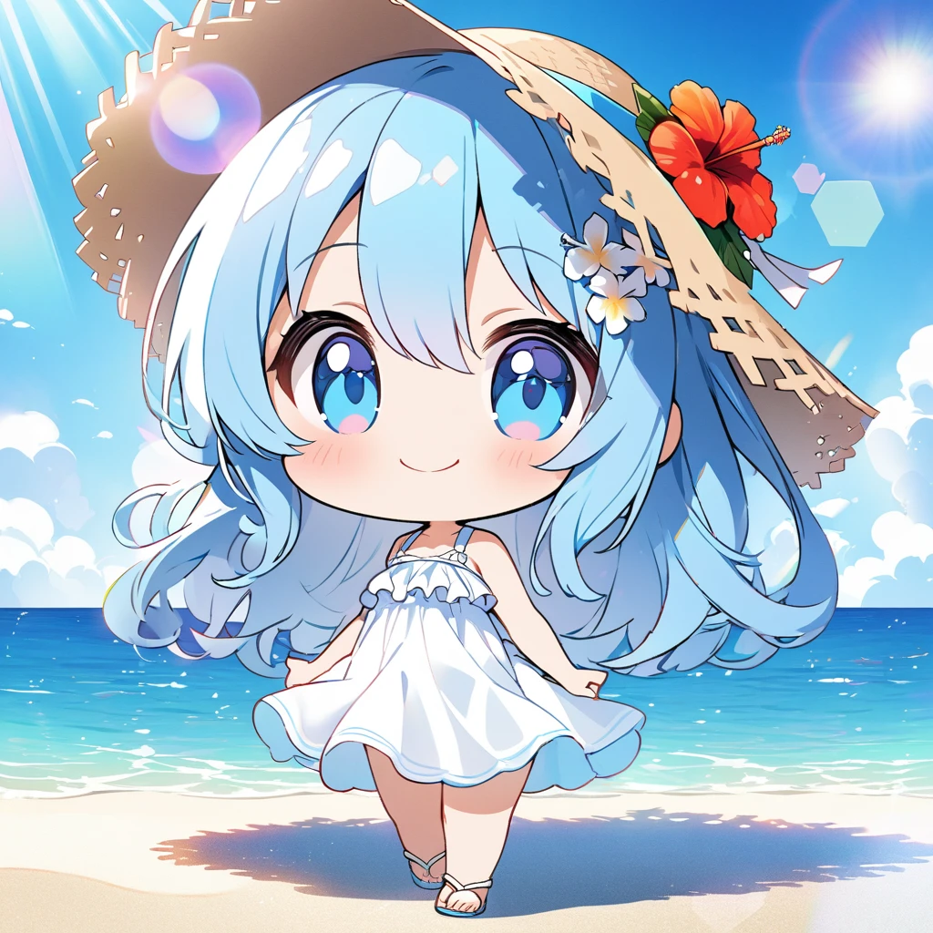 masterpiece, best quality, 4k、2D illustration, one beautiful girl, solo、(((chibi style)))、((vivid colors))、cute chibi, lovely chibi、((colorful))、((long beautiful hair)), glossy light blue hair, hair between eyes, cute, beautifully detailed eyes、((white summer dress))、((straw hat))、hibiscus hair ornament, flip-flops, ((happy smile))、((full body shot))、((summer beach))、((calm sea))、((blue sky))、sunbeam, white light, ((lens flare)), ((high color saturation)), 