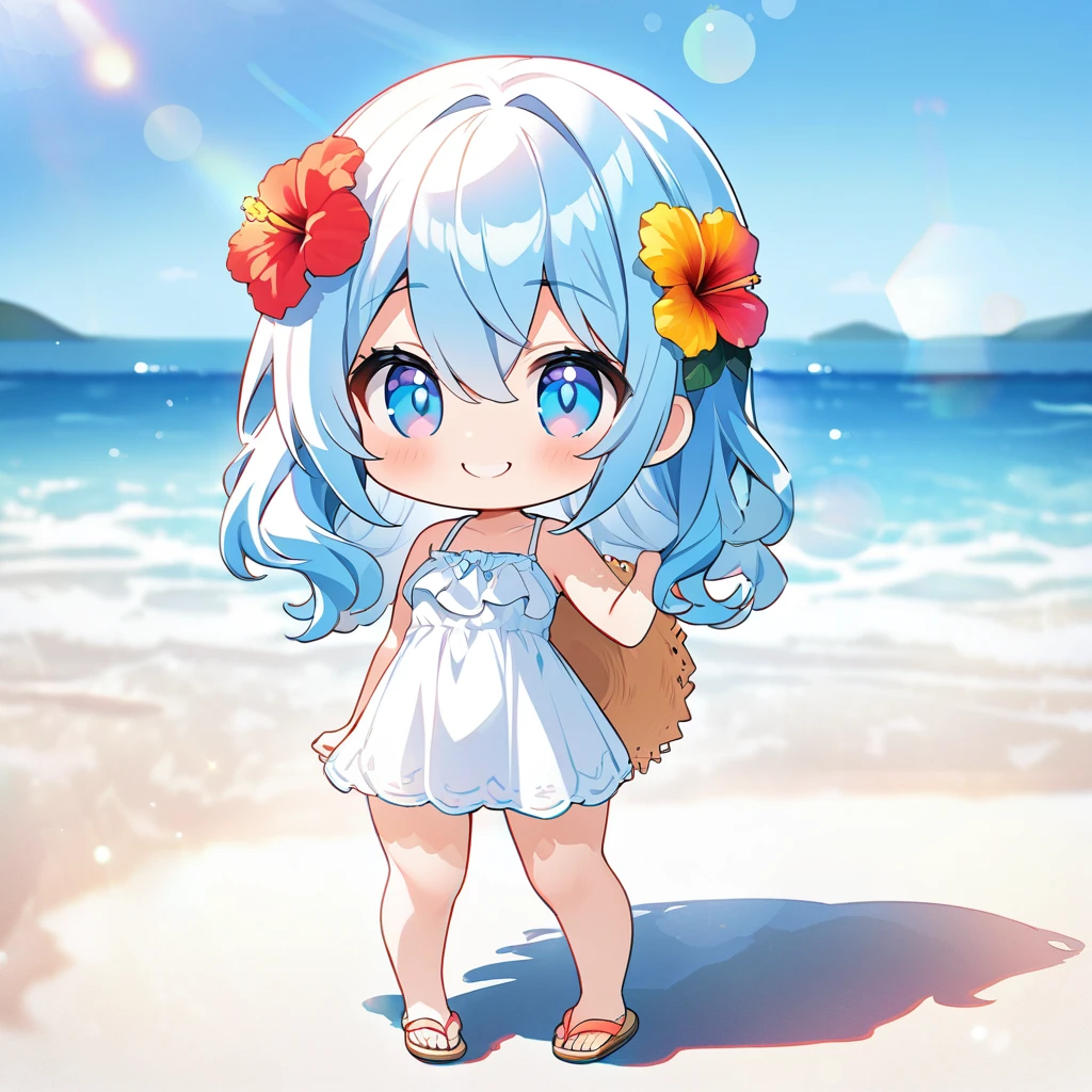 masterpiece, best quality, 4k、2D illustration, one beautiful girl, solo、(((chibi style)))、((vivid colors))、cute chibi, lovely chibi、((colorful))、((long beautiful hair)), glossy light blue hair, hair between eyes, cute, beautifully detailed eyes、((white summer dress))、((straw hat))、hibiscus hair ornament, flip-flops, ((happy smile))、((full body shot))、((summer beach))、((calm sea))、((blue sky))、sunbeam, white light, ((lens flare)), ((high color saturation)),