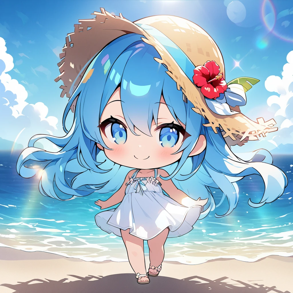 masterpiece, best quality, 4k、2D illustration, one beautiful girl, solo、(((chibi style)))、((vivid colors))、cute chibi, lovely chibi、((colorful))、((long beautiful hair)), glossy light blue hair, hair between eyes, cute, beautifully detailed eyes、((white summer dress))、((straw hat))、hibiscus hair ornament, flip-flops, ((happy smile))、((full body shot))、((summer beach))、((calm sea))、((blue sky))、sunbeam, white light, ((lens flare)), ((high color saturation)),