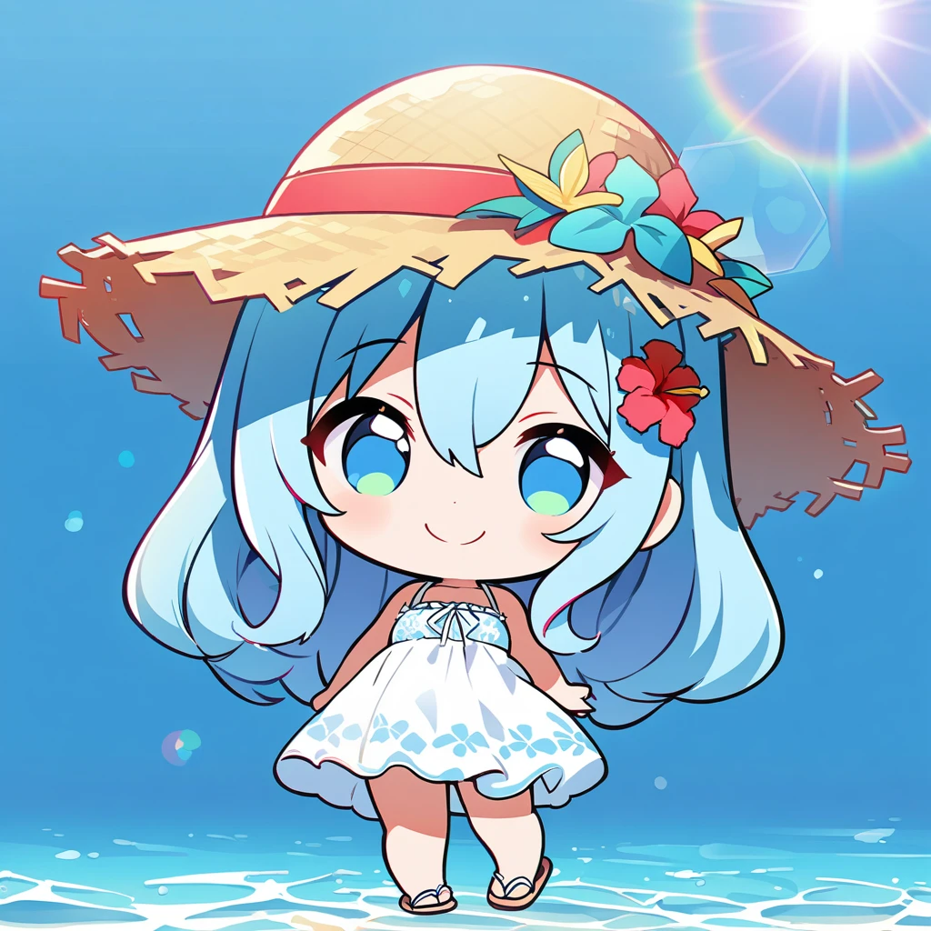 masterpiece, best quality, 4k、2D illustration, one beautiful girl, solo、(((chibi style)))、((vivid colors))、cute chibi, lovely chibi、((colorful))、((long beautiful hair)), glossy light blue hair, hair between eyes, cute, beautifully detailed eyes、((white summer dress))、((straw hat))、hibiscus hair ornament, flip-flops, ((happy smile))、((full body shot))、((summer beach))、((calm sea))、((blue sky))、sunbeam, white light, ((lens flare)), ((high color saturation)),