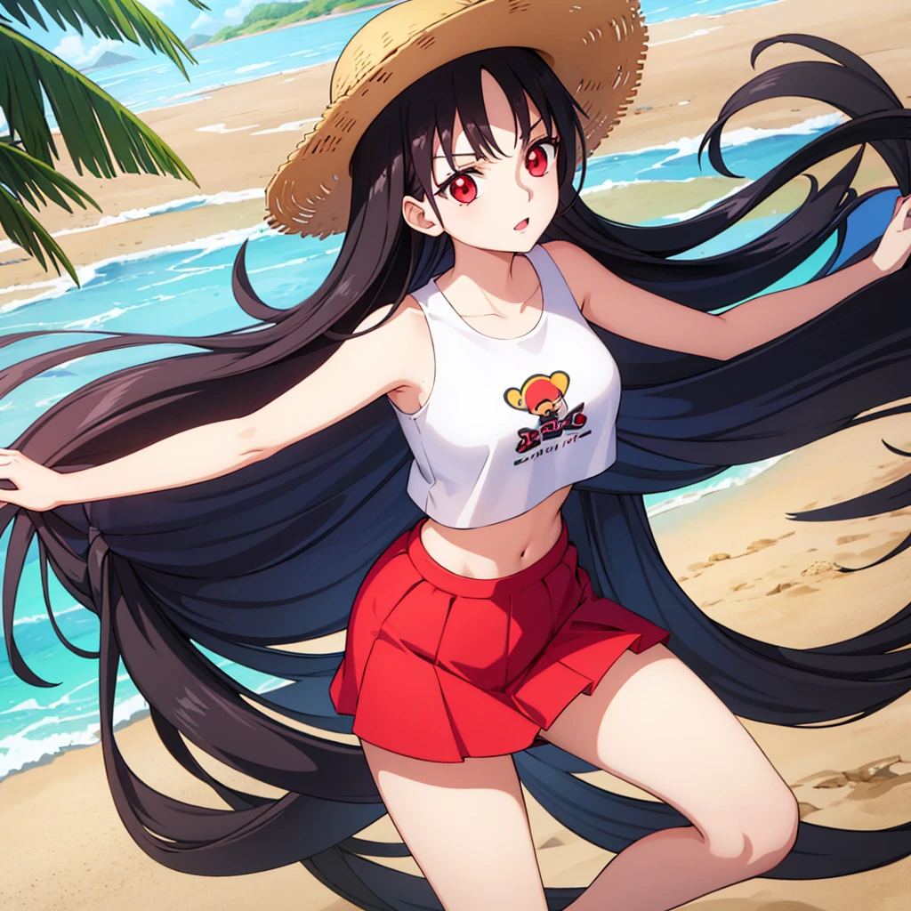 Anime girl, 1 girl, red eyes, long black hair, wearing crop top and and court, infront pf a beach, straw hat logo, high resolution, 