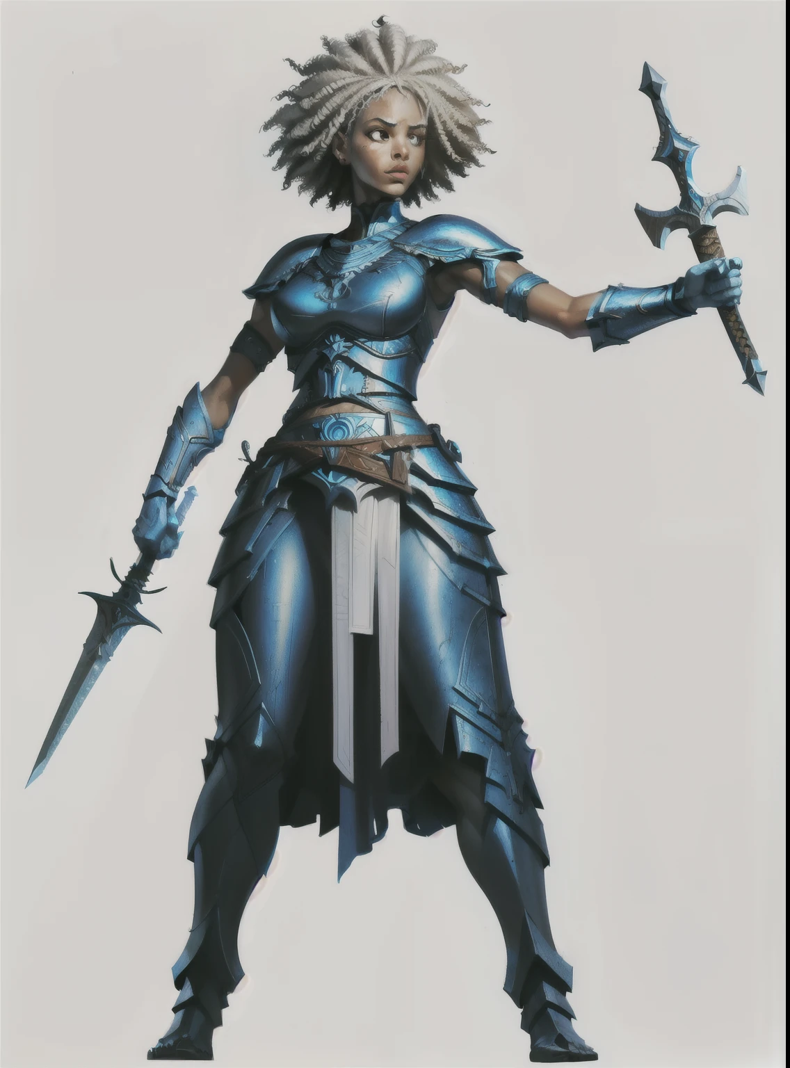 I want a character with a white background, png, Full-body image, a black woman, afro, afro-descendant, with ancient medieval battle armor and blue colored rustiga, warrioress, with claymore sword in hand, ancient sword, and an honorable posture