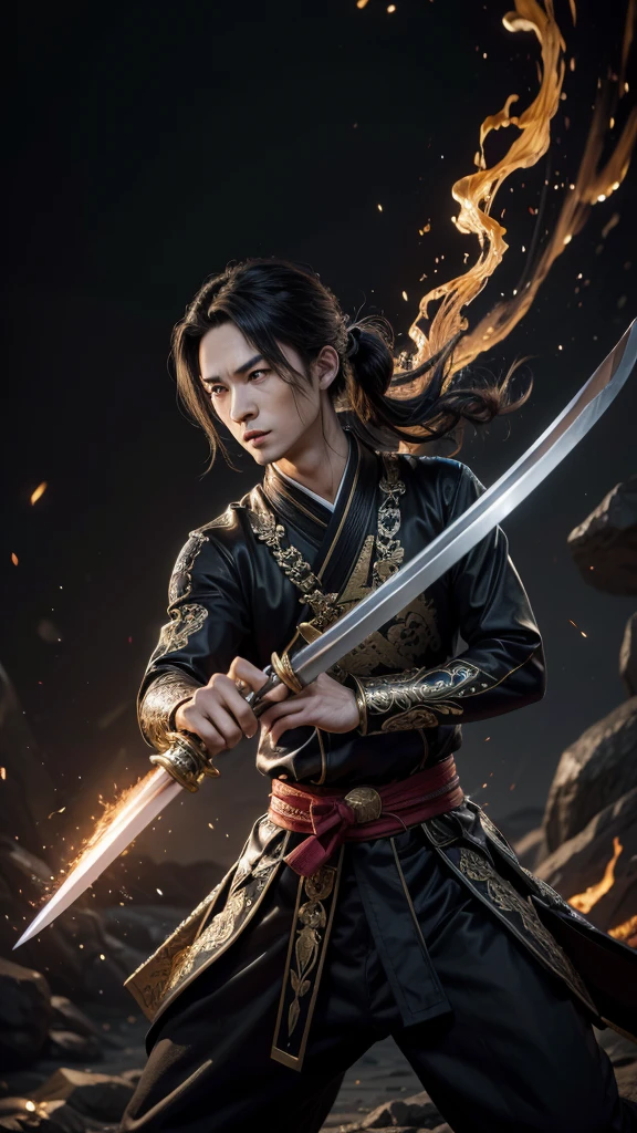 (1 male,Tanjiro Kamado),Demon slayer,Tanjiro Costume,tanjiro has a sword,Water and fire effects,Intricate details,,Decadent,artwork,rendering,Dynamic pose,(masterpiece:1.3),(highest quality:1.4),(Super detailed:1.5),High resolution,Very detailed,unity 8k wallpaper,Dark fantasy,,Glare,Fighting Style,Glare,Desperate form,BREAK,The sword is a Japanese sword,Japanese swords are straight and have a metallic luster..,Please hold the handle of the Japanese sword