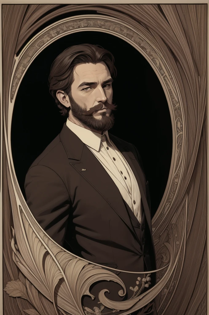 1man, Art Nouveau style, thick ink lines, Portrait, Masterpiece, man, Wear a brown suit shirt., The beard is very short., Very short dark brown hair, BackgroundWANTED