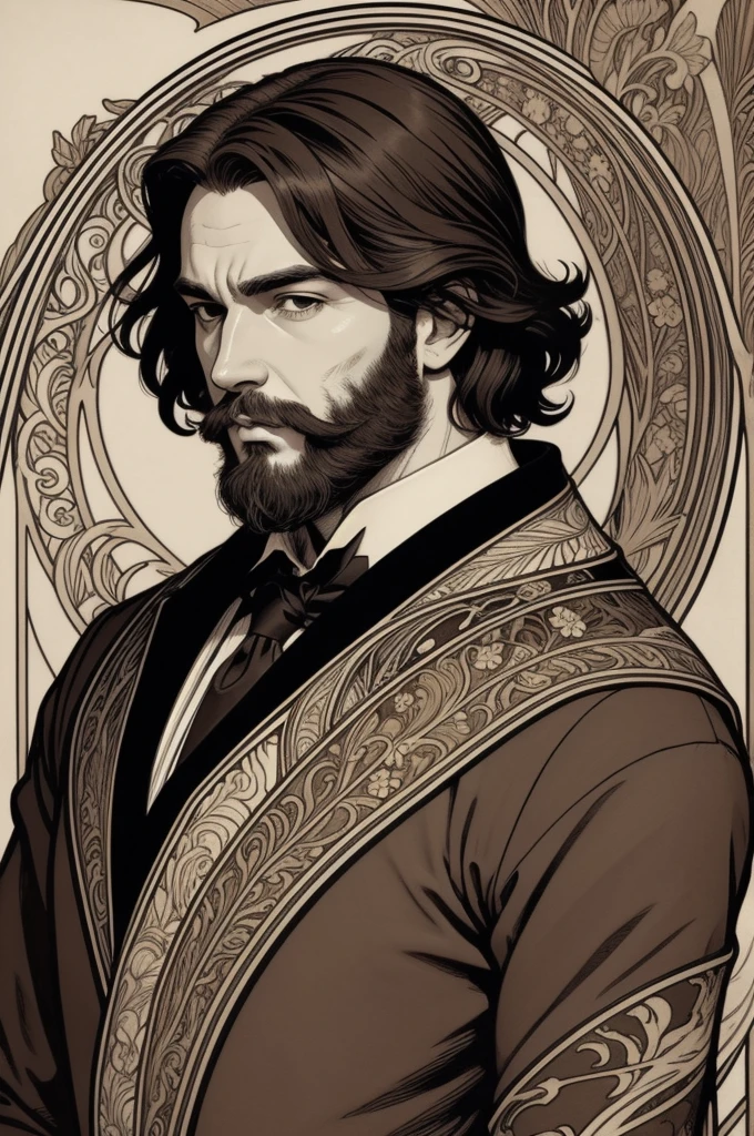 1man, Art Nouveau style, thick ink lines, Portrait, Masterpiece, man, Wear a brown suit shirt., The beard is very short., Very short dark brown hair, BackgroundWANTED