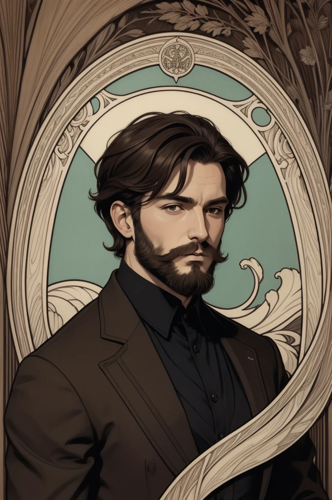 1man, Art Nouveau style, thick ink lines, Portrait, Masterpiece, man, Wear a brown suit shirt., The beard is very short., Very short dark brown hair, BackgroundWANTED