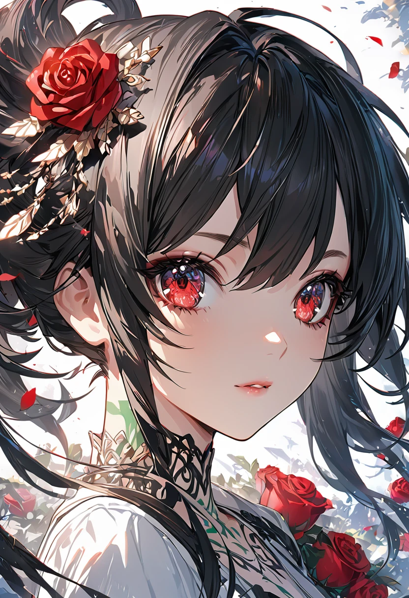 Anime girl with long black hair and a white dress with red roses, tattoo, Beautiful eyes in every detail, Gwaiz, Gwaiz on pixiv artstation, Detailed digital anime art, Beautiful Anime Girls, Gwaiz on artstation pixiv, Anime Style 4k, everyone, Beautiful anime portraits, Detailed portrait of an anime girl, Detailed anime art, Beautiful Anime Women