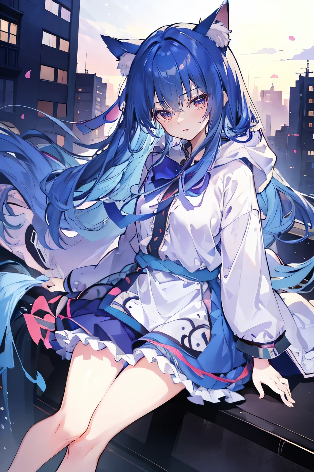 (masterpiece:1.2),Super detailed,lifelike,Expressive eyes,fair skin,perfect face shape,1 girl,
Japanese comics,Gorgeous blue hair,flowing blue hair,flowing clothes,Cat ears,Petals fall,beautiful lola,Baby Angel,
Shaking head with one hand,Cross your legs,smile, wearing hoodie,snowing,City streets。