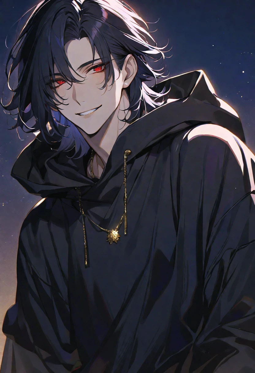 Solo,handsome, 
1. male,
bangs,Straight Hair,Bob Hair, ,
black hair, 
Gojo Satoru ,
red Eyes,Soft look,
beautiful,sexly,Darkness,gold necklace,
oversize black hoodie ,smile,
simple background ,
star sky background,