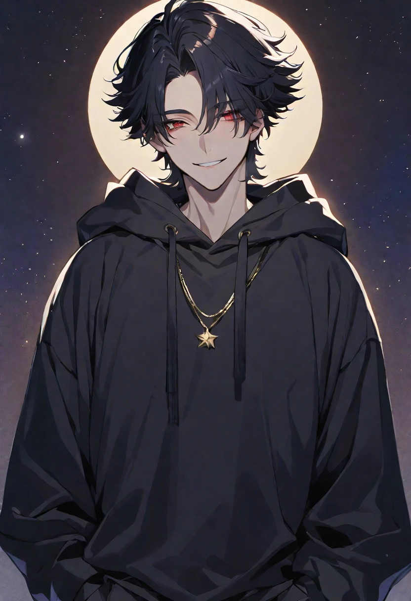 Solo,handsome,
1. male,
bangs,Straight Hair,Bob Hair, ,
black hair,
Gojo Satoru ,
red Eyes,Soft look,
beautiful,sexly,Darkness,gold necklace,
oversize black hoodie ,smile,
simple background ,
star sky background,