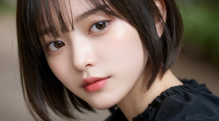 (Bob Cut Hair:1.2),(Wear a black blouse:1.2),1 girl,Japanese,21 years old,(Small breasts:1.3),(Highest quality,masterpiece:1.3,超A high resolution,),(Ultra-detailed,Caustics),(Photorealistic:1.4,RAW shooting,)Ultra-Realistic Capture,Very detailed,High resolution 16K human skin close-up。 Natural skin texture、,Pores、、It needs to be detailed enough to be easily identifiable。 Skin should be even-toned and healthy looking。 Use natural light and colour, Sad expression, Looking at the camera, Perfect dynamic composition, Outdoor
