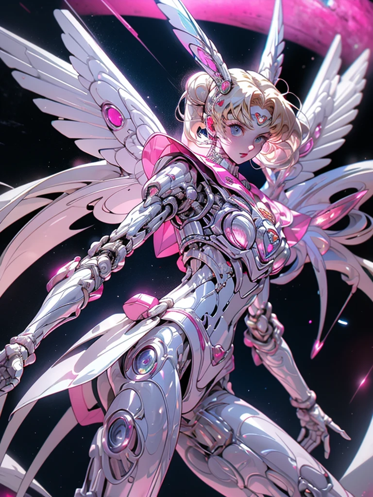 1 mechanical girl: 1.4, Sailor Moon, white mechanical arm, humanoid body, pink sailor suit, good-looking face, sailor Moon, moon hare, rabbit ears, mechanical ears, white blouse, blonde hair, mechanical arm, pink skirt, side, heart-shaped robot in the background, sci-fi background, complex background, hair glowing hair, forehead hair light, moon, panorama, mechanical wings, large wings in the background